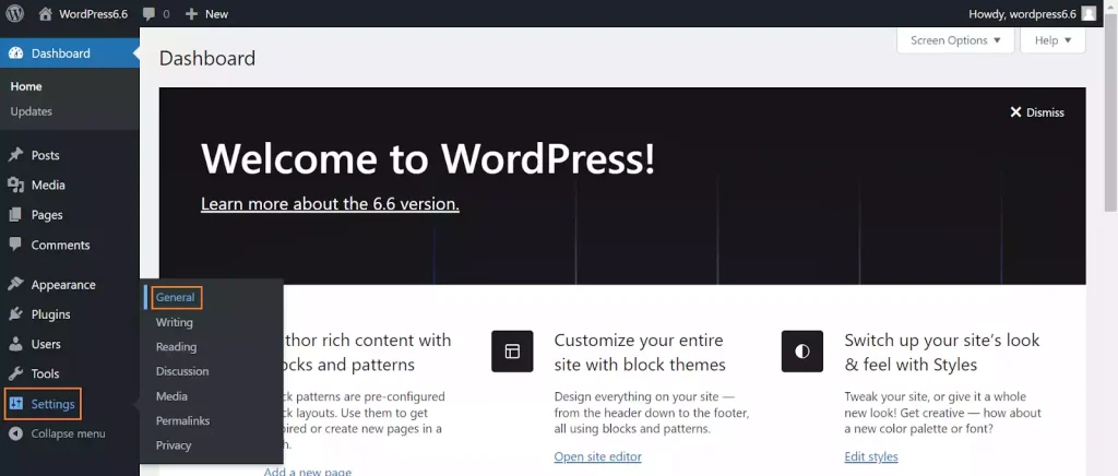 WordPress Dashboard Settings